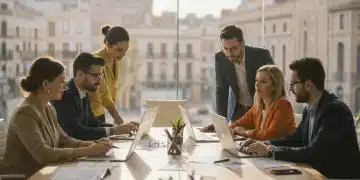 Profesionales colaborando en planificación estratégica para el crecimiento sostenible en España.