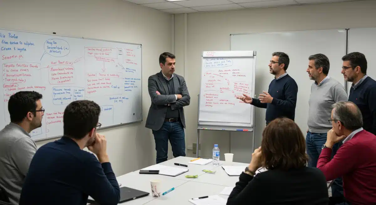 Líderes empresariales españoles en un taller interactivo, aplicando estrategias de liderazgo adaptativo y discutiendo soluciones.