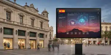 Fachada de tienda española con pantalla digital mostrando interfaz de e-commerce exitoso