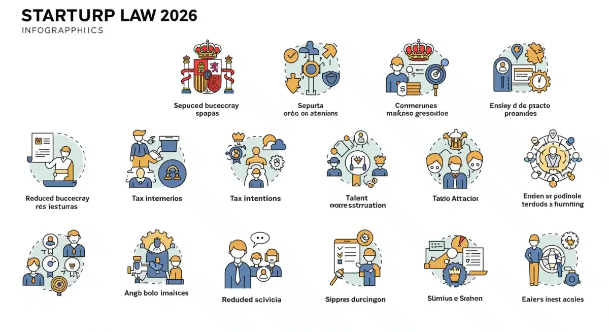 Infografía de beneficios clave de la Ley de Startups 2026 para emprendedores en España, destacando la reducción de burocracia y ventajas fiscales.