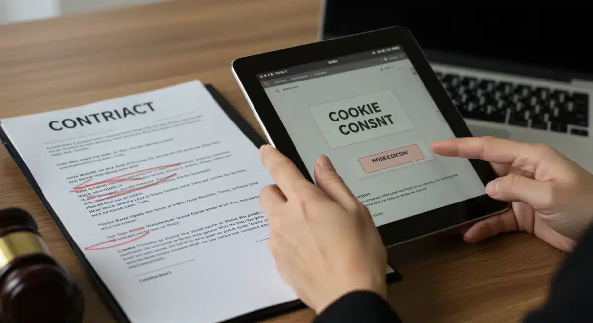 Documento legal sobre protección de datos y una tablet mostrando un banner de consentimiento de cookies.