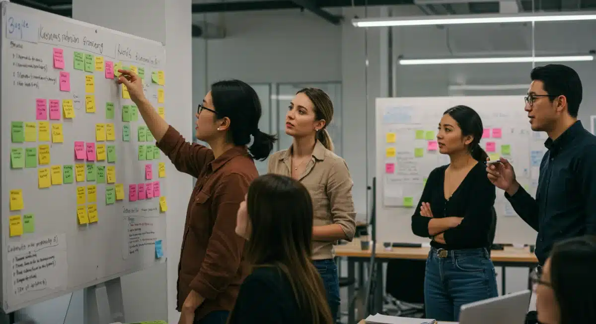 Equipo de trabajo colaborando con un tablero Kanban, aplicando metodologías ágiles en un entorno empresarial.