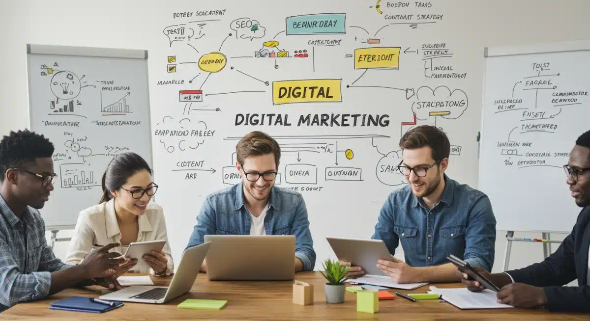 Equipo de marketing digital colaborando en una estrategia de branding para pymes.