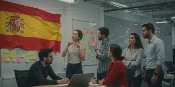 Equipo de PYME española implementando gestión ágil con tablero Kanban y notas adhesivas.