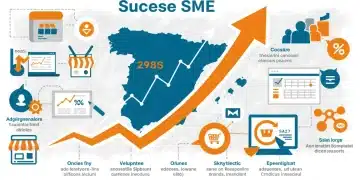 Gráfico de éxito de pyme española con flecha ascendente, carrito de compras y elementos de branding digital.
