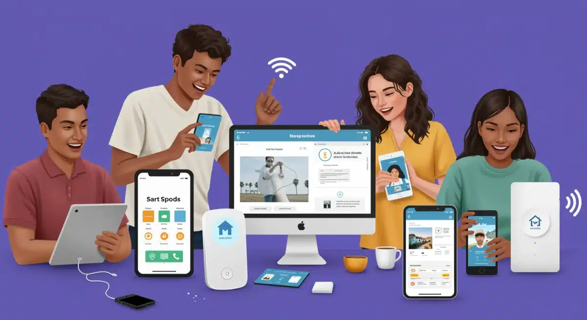 Consumidores satisfechos interactuando con productos de startup tecnológica española.