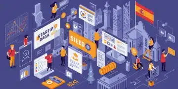 Emprendedores colaborando bajo la nueva Ley de Startups 2026 en España, con gráficos de crecimiento y elementos digitales.