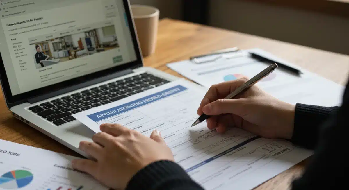 Detalle de una mano rellenando solicitud de subvención para emprendedores.