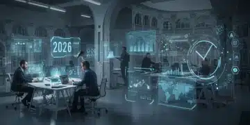 Oficina moderna en España con pantallas holográficas que muestran procesos administrativos automatizados, simbolizando eficiencia y reducción de horas hombre.