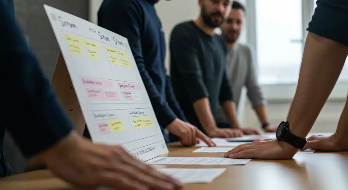 Reunión diaria de Scrum en una PYME española, con tablero de tareas.