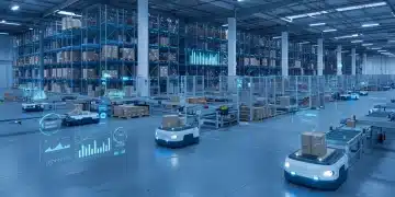 Almacén logístico futurista en España con robots automatizados y análisis de datos, simbolizando la optimización de costes.