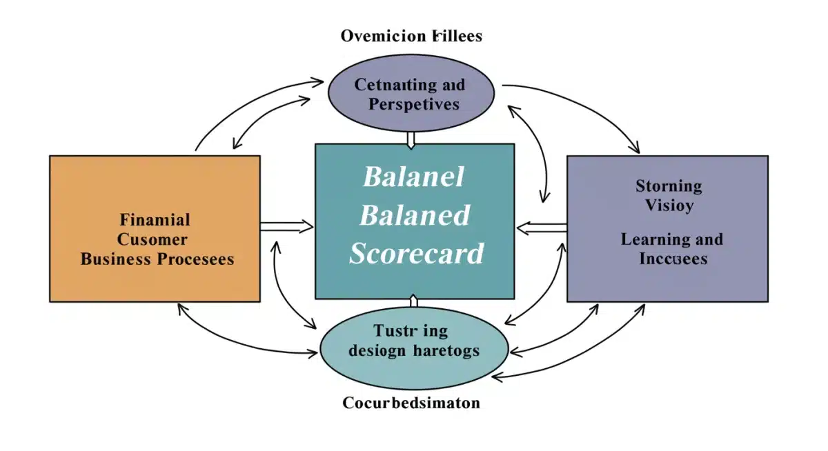 Diagrama explicativo de las cuatro perspectivas del Cuadro de Mando Integral: financiera, cliente, procesos internos y aprendizaje y crecimiento, con sus interconexiones.