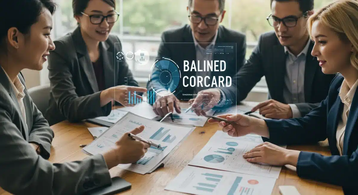 Equipo directivo colaborando y analizando el Cuadro de Mando Integral para alinear estrategias y tomar decisiones empresariales.