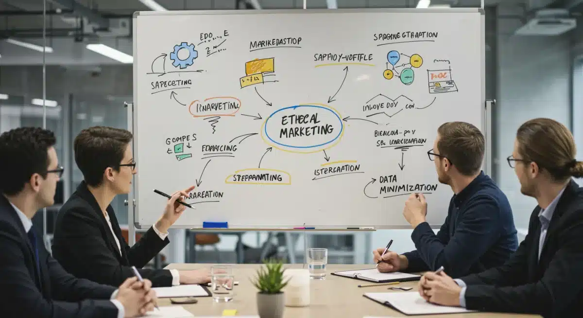 Equipo de marketing discutiendo estrategias de marketing centradas en la privacidad y cumplimiento normativo.