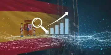 Paisaje digital futurista con elementos SEO y gráficos de crecimiento, enfocado en el mercado español.
