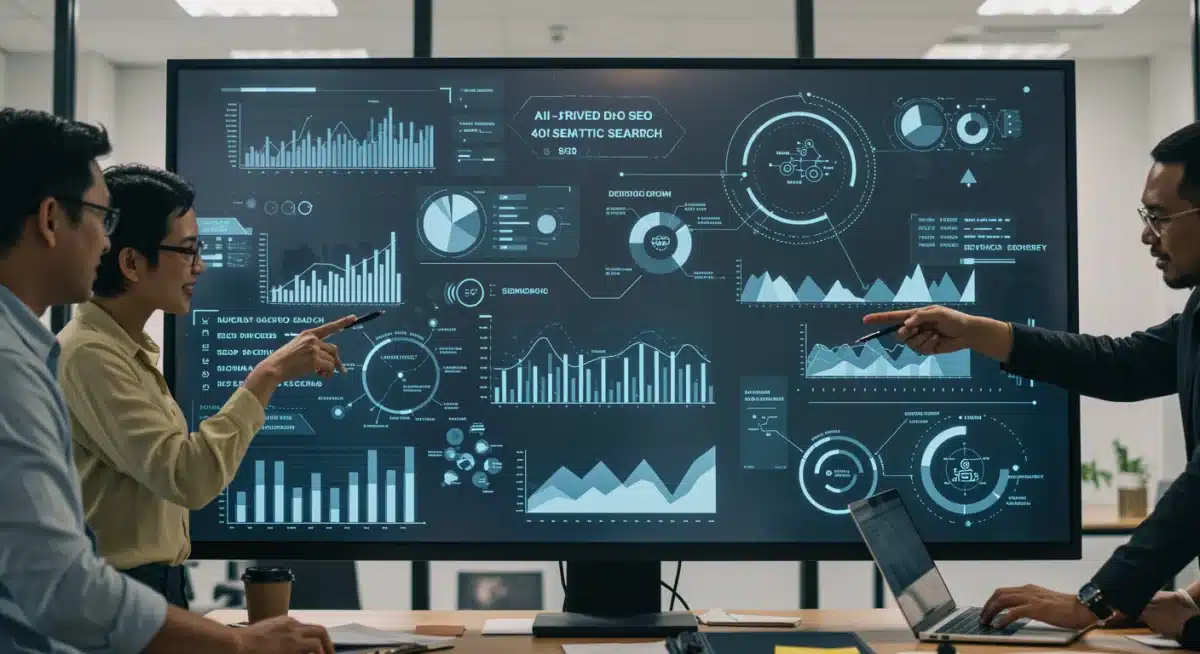 Equipo de profesionales analizando datos de SEO con IA y búsqueda semántica en una pantalla interactiva.