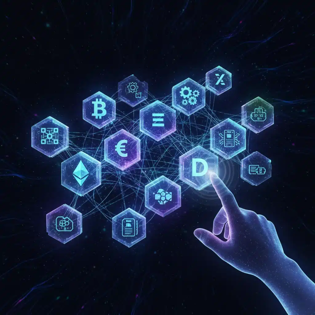Representación visual de la tecnología blockchain y Web3 con nodos interconectados.