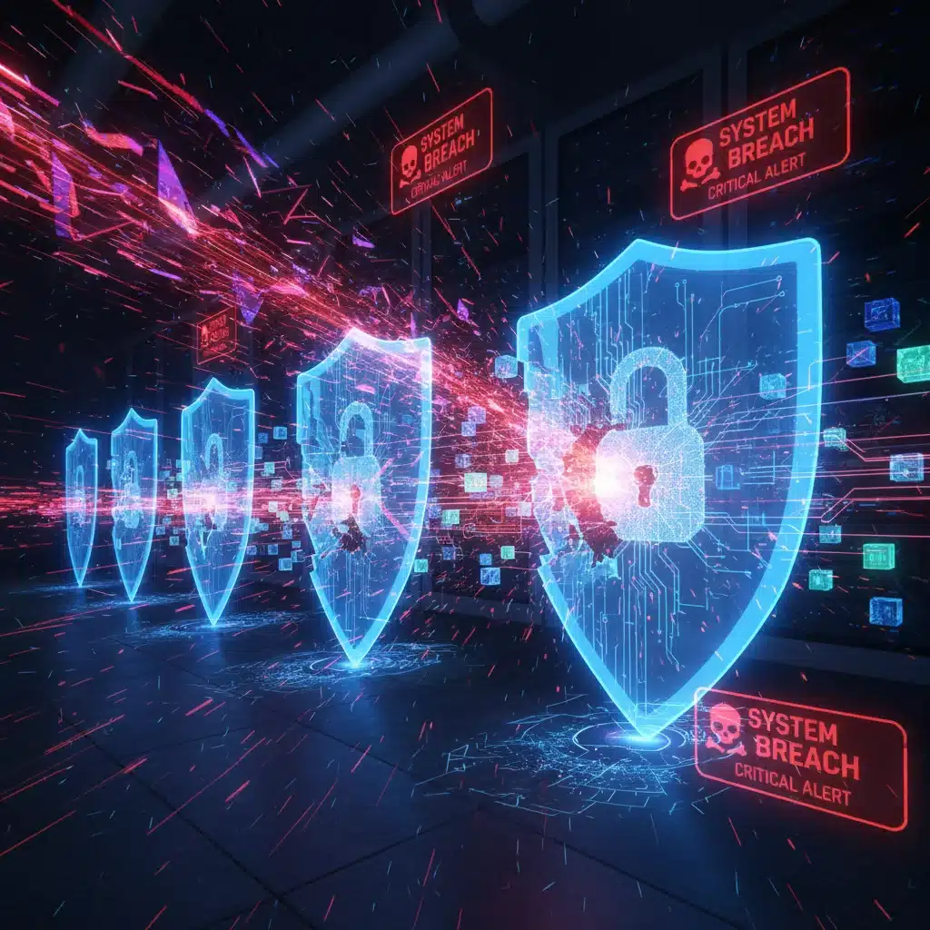Representación visual de una amenaza de ciberseguridad avanzada, con código malicioso y firewalls.