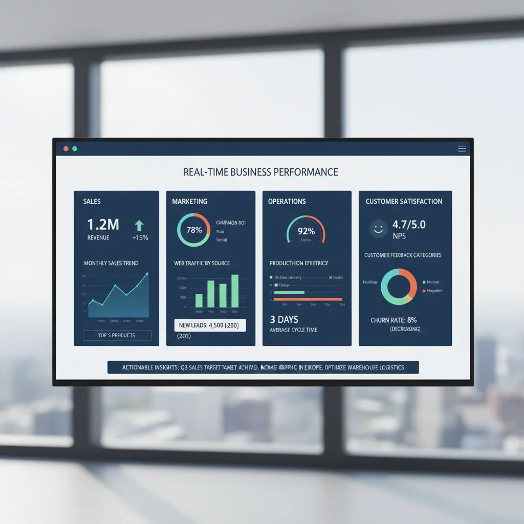 Panel de control empresarial con KPIs y gráficos en tiempo real, ilustrando la monitorización de resultados y la toma de decisiones ágil.