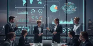 Equipo empresarial analizando gráficos de datos en una pantalla interactiva, simbolizando la toma de decisiones estratégicas basada en datos.