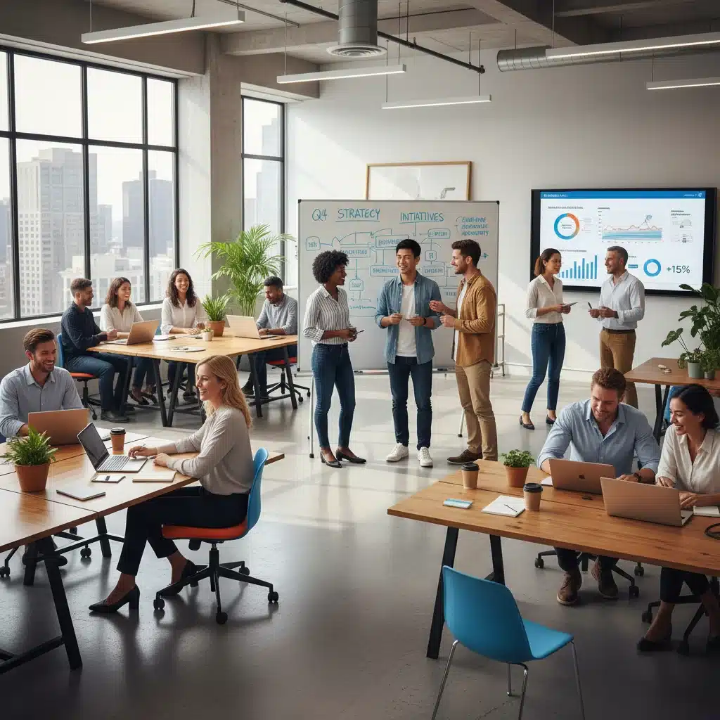 Equipo diverso de empleados colaborando en una oficina moderna, reflejando la cultura renovada de la empresa.