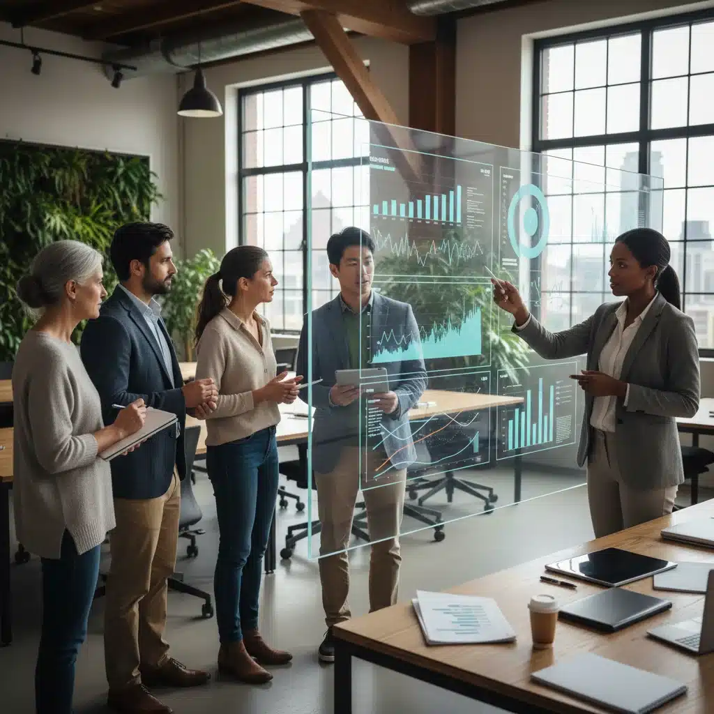 Equipo diverso colaborando en un proyecto de inteligencia artificial y sostenibilidad.