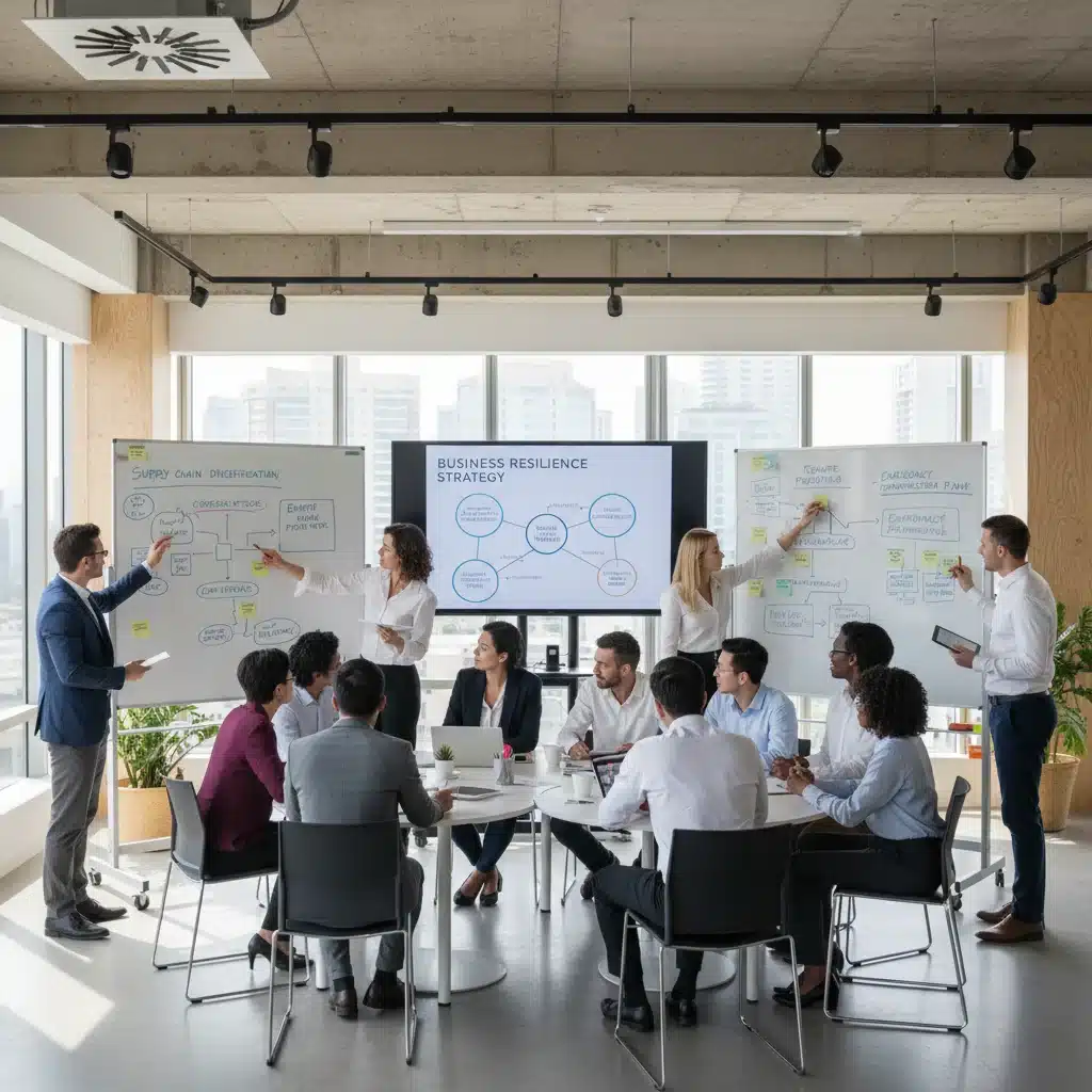 Equipo de líderes empresariales colaborando en estrategias de continuidad del negocio y resiliencia.
