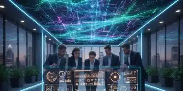 Equipo profesional analizando un panel holográfico de gestión de riesgos empresariales en 2026.