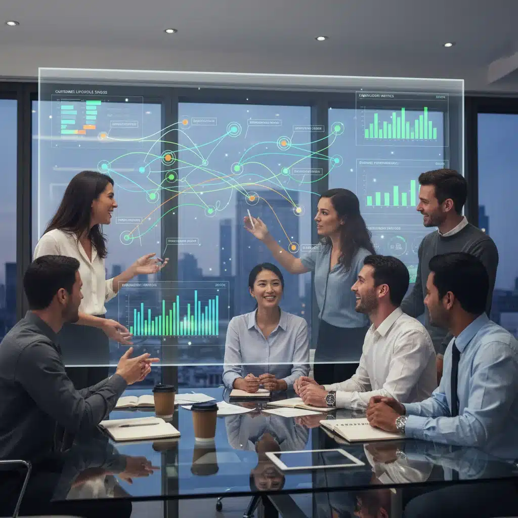 Equipo de marketing analizando el recorrido del cliente con datos predictivos