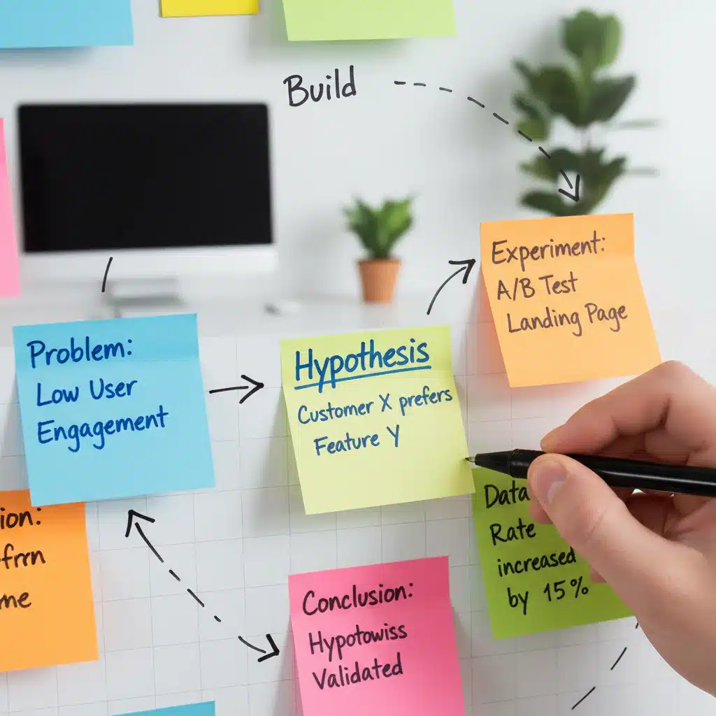 Mano escribiendo hipótesis de negocio en post-it