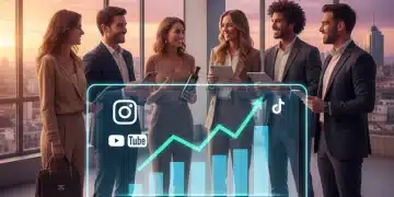 Influencers españoles colaborando en una estrategia de marketing digital exitosa para 2026, con gráficos de crecimiento de ventas.