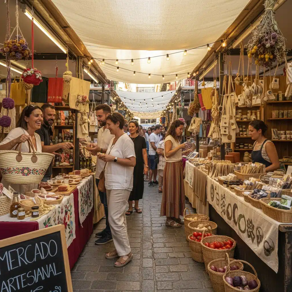 Mercado local vibrante con emprendedores vendiendo productos artesanales y gourmet, interactuando con clientes.