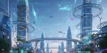 Paisaje urbano español futurista con elementos de inteligencia artificial y redes digitales.