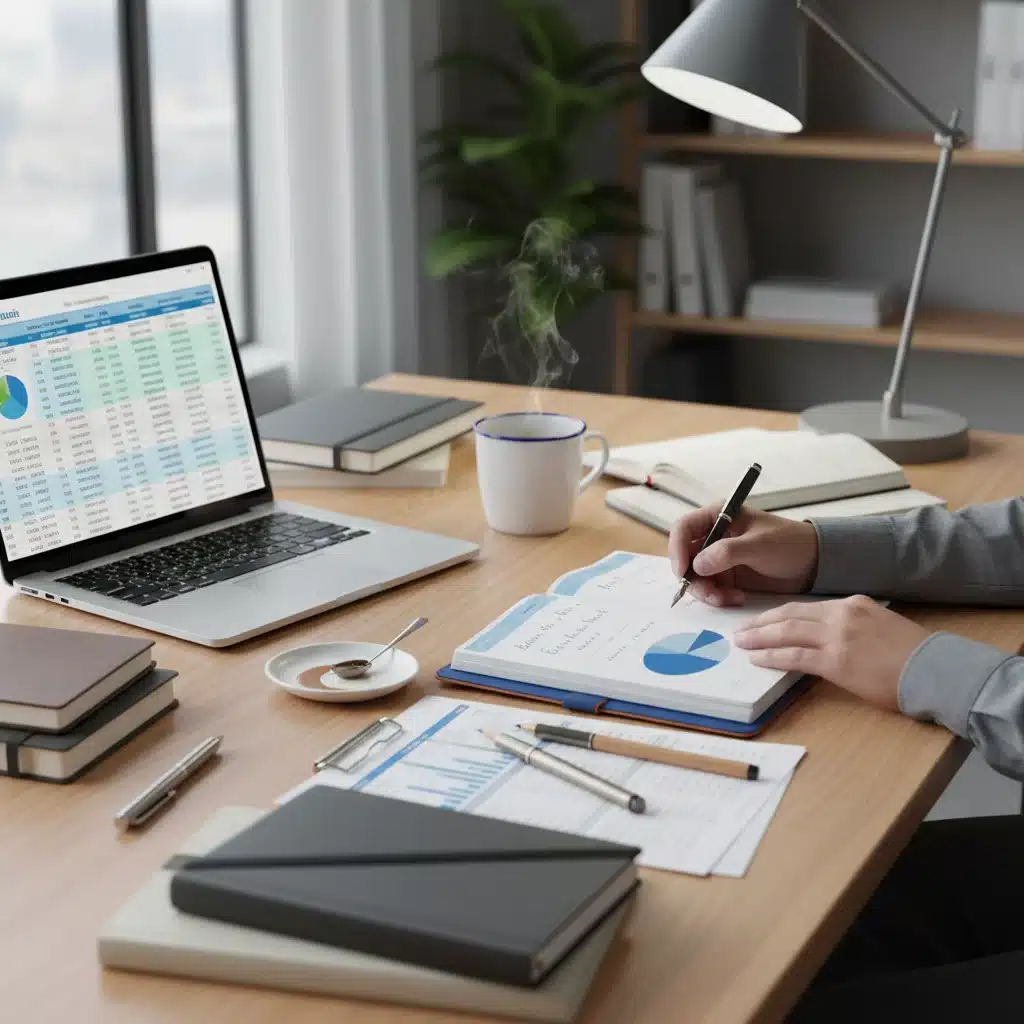 Persona elaborando un plan de negocio detallado con proyecciones financieras y estrategias de marketing.