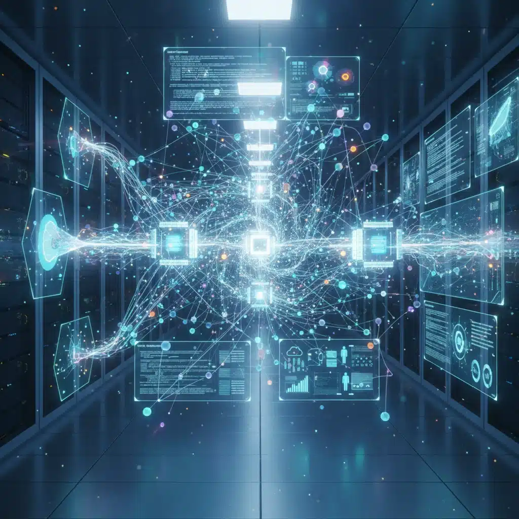 Representación visual de una red de big data interconectada, mostrando el flujo y la complejidad de los datos empresariales.
