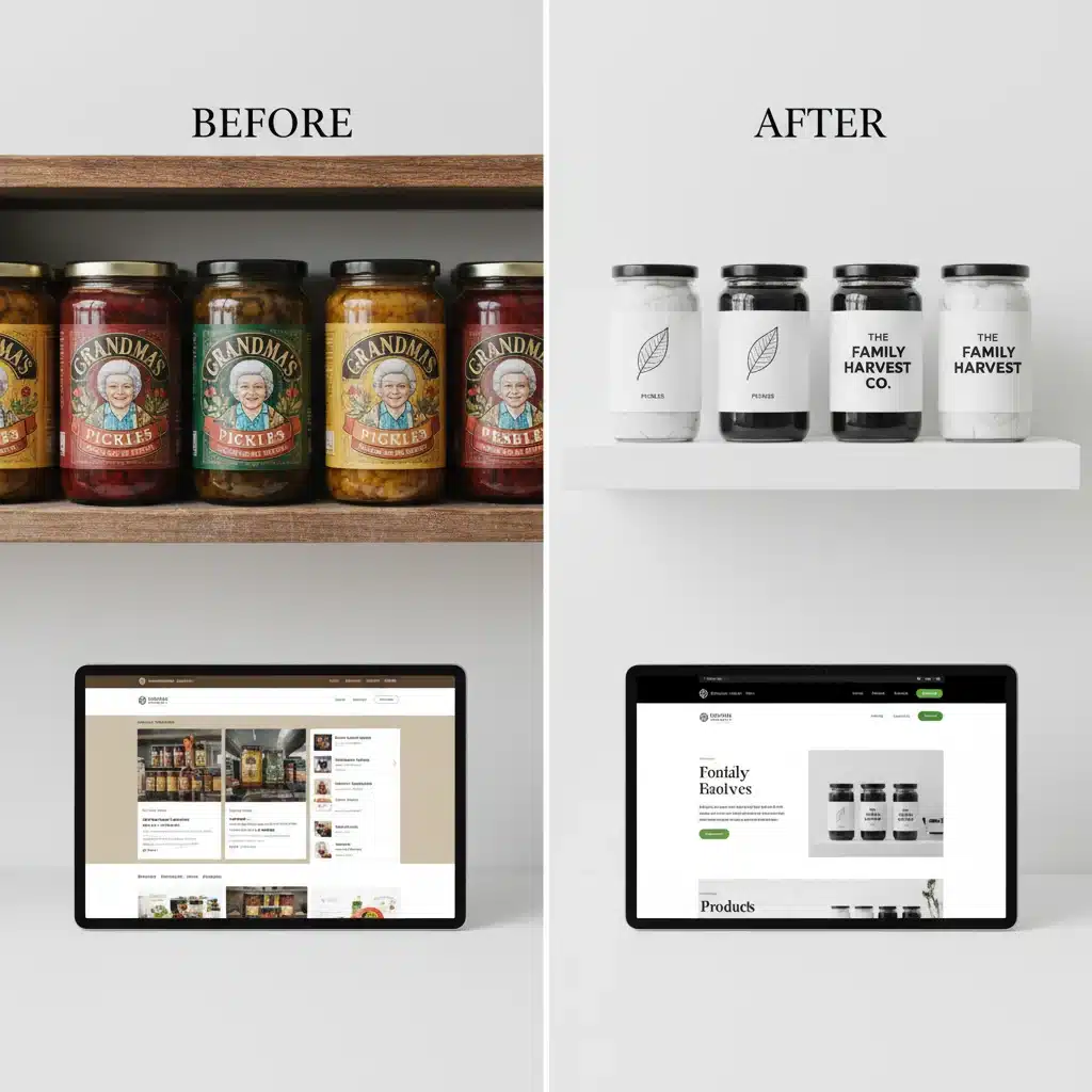 Comparación visual del antes y después del packaging o presencia digital de la empresa familiar, destacando la transformación de marca.