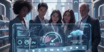 2026 Consumer Trust Index: What 75% of US Shoppers Expect from Your Brand Diverse shoppers analyzing brand trust data on a futuristic interface, symbolizing 2026 consumer expectations.