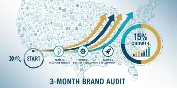 Infographic showing a 3-month brand audit timeline leading to 15% US market growth.