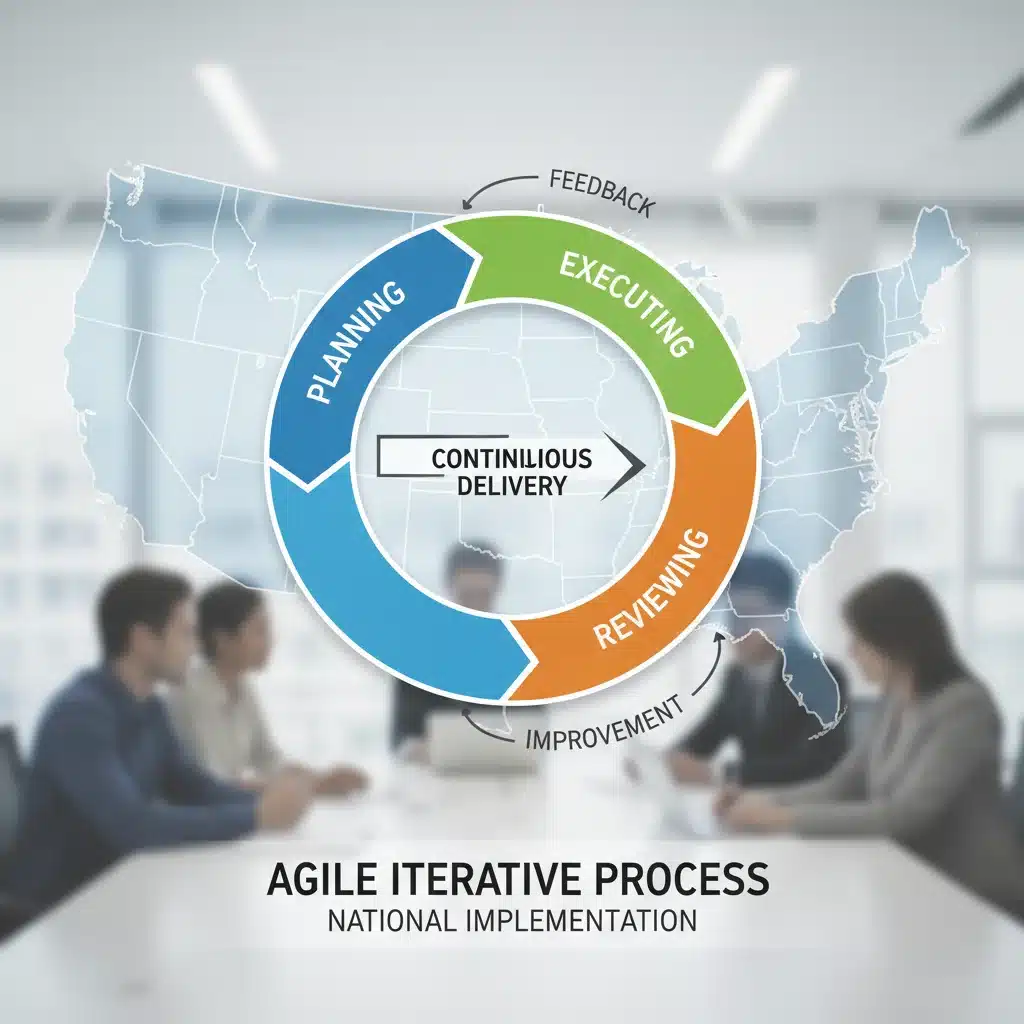 Agile iterative development process with feedback loops and US map