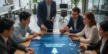 Team collaborating on agile project management dashboard in modern US office