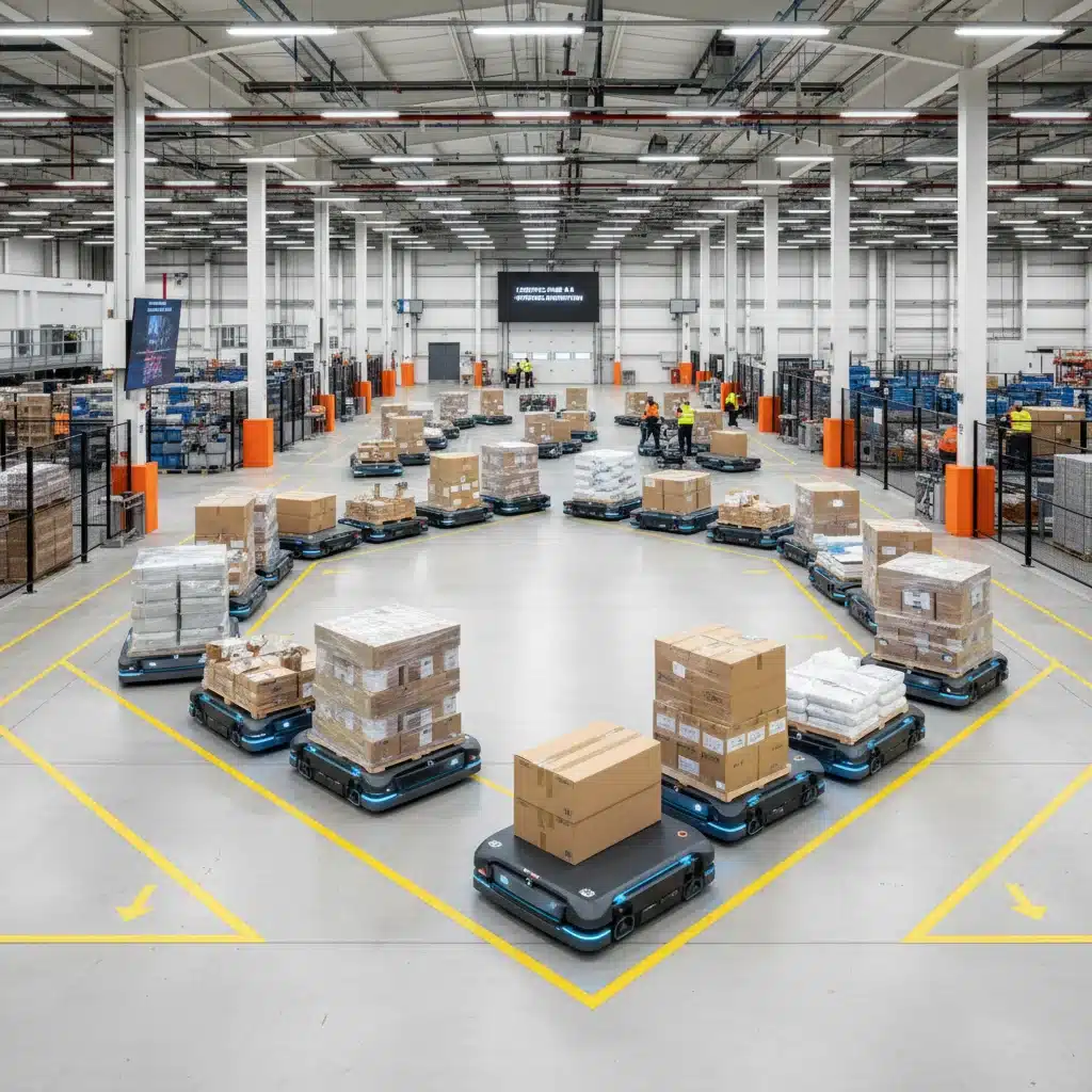 Autonomous guided vehicles (AGVs) efficiently moving pallets in a large warehouse.