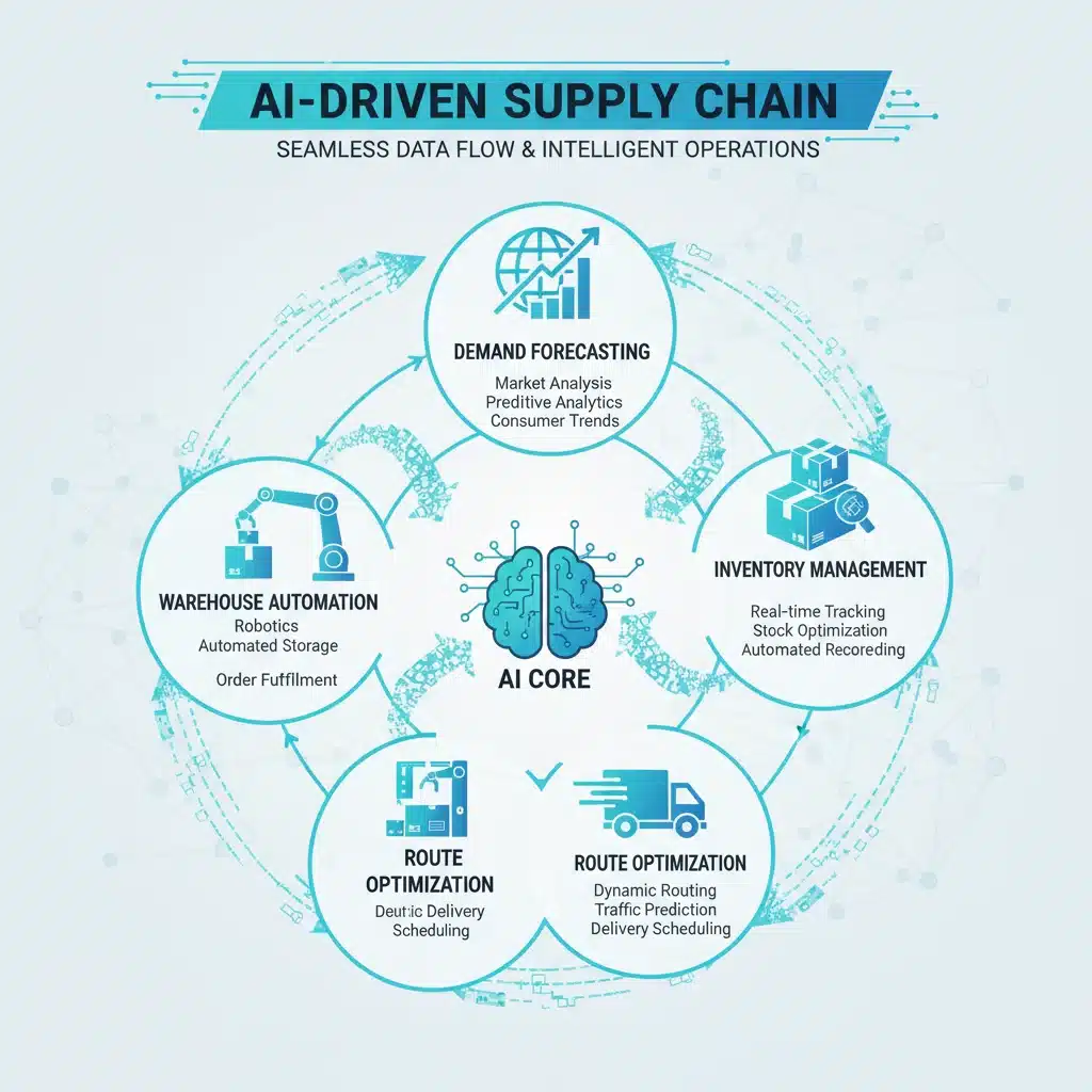 Infographic illustrating AI applications across the supply chain.