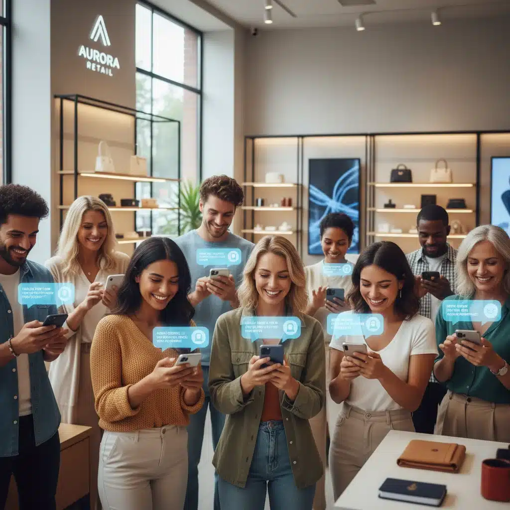 Satisfied customers engaging with AI chatbots in a modern retail setting.