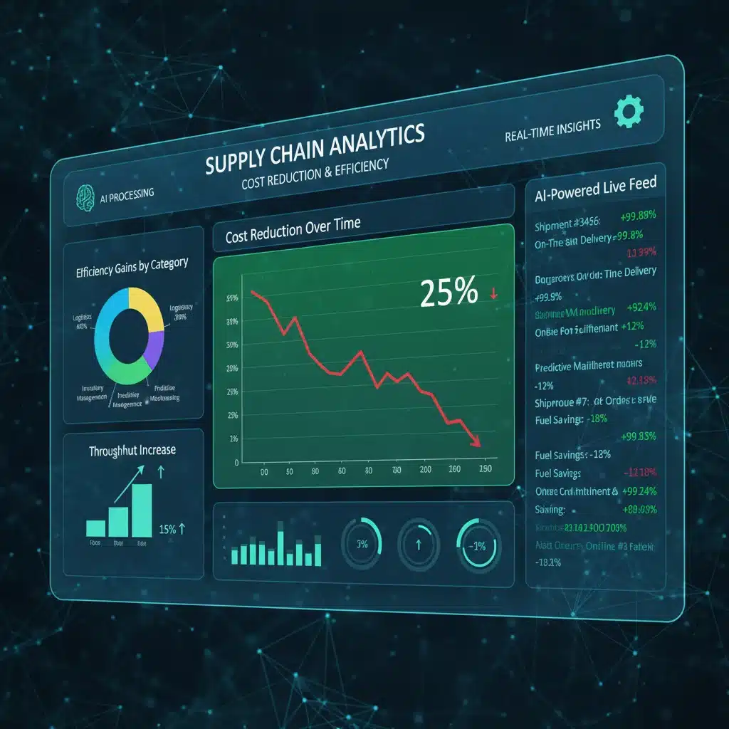 AI-powered data analytics dashboard showing supply chain performance metrics.