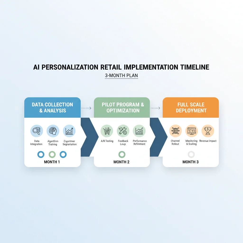 Infographic showing a 3-month AI personalization implementation roadmap for retailers, highlighting key phases and activities.