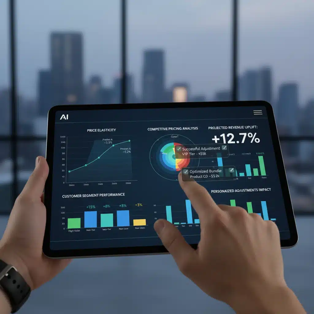AI-driven pricing analytics dashboard showing real-time data, price elasticity, and revenue projections.
