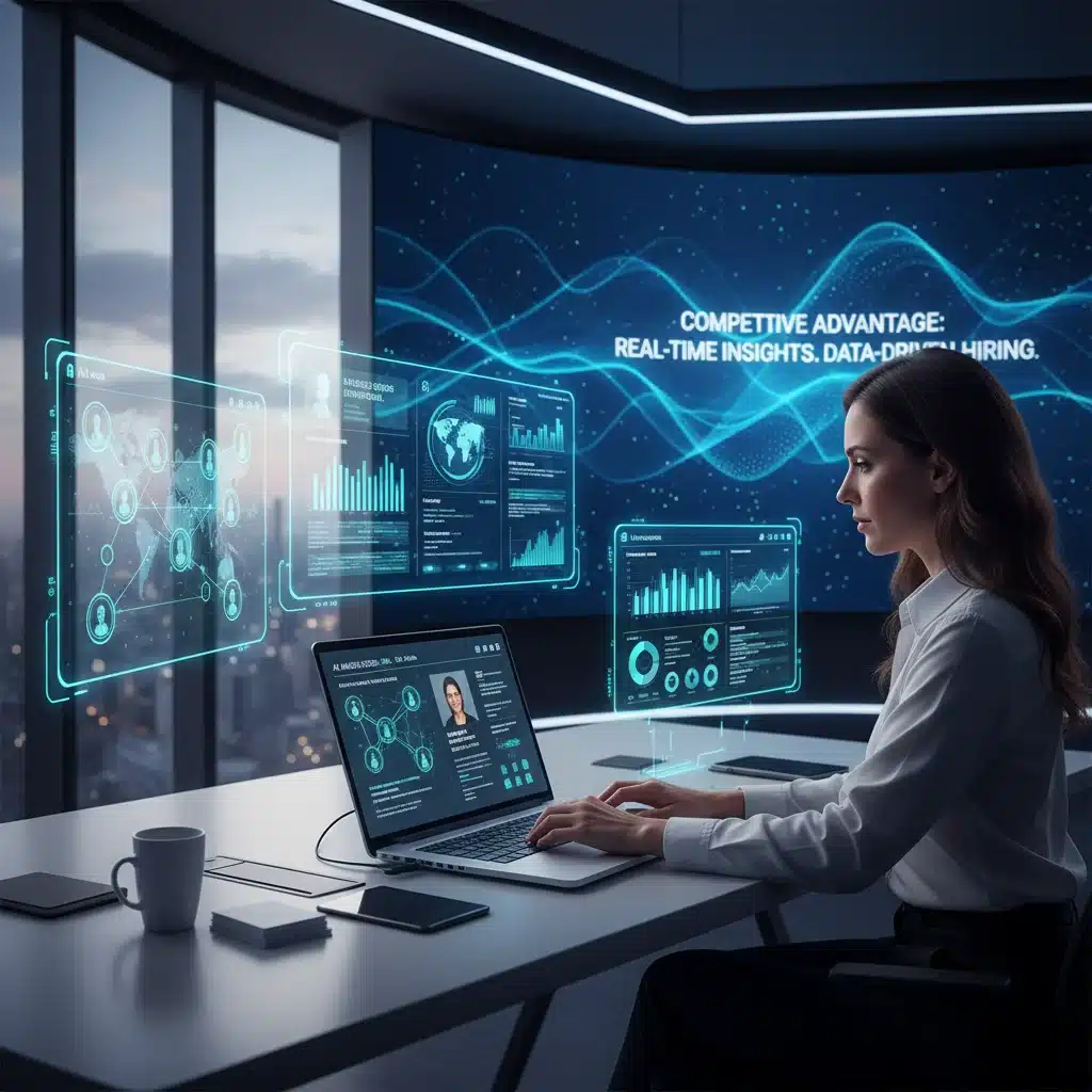 Recruiter utilizing AI-powered recruitment software for efficient, data-driven hiring decisions.