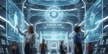 AI-powered personalized shopping experience in a modern US retail store, showing digital interfaces and satisfied customers.