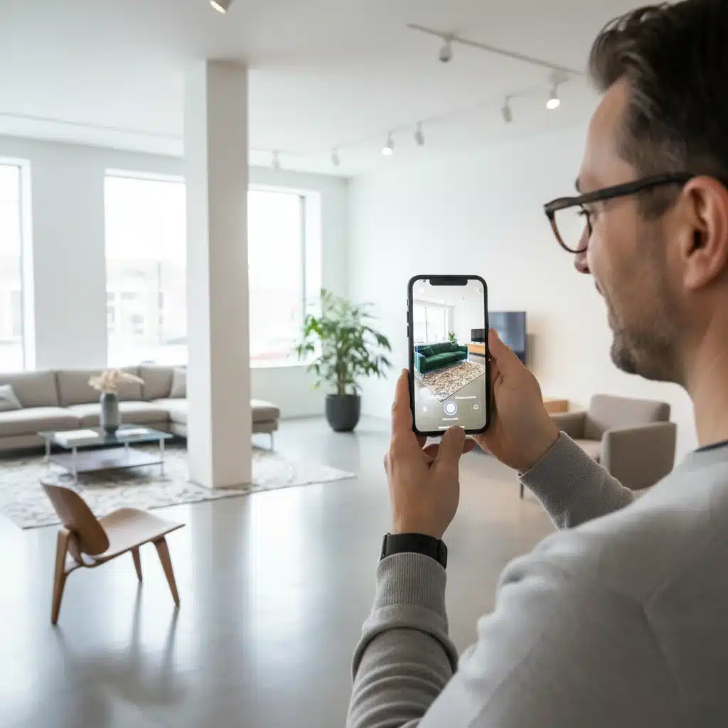Customer using augmented reality to visualize furniture in a modern retail showroom.