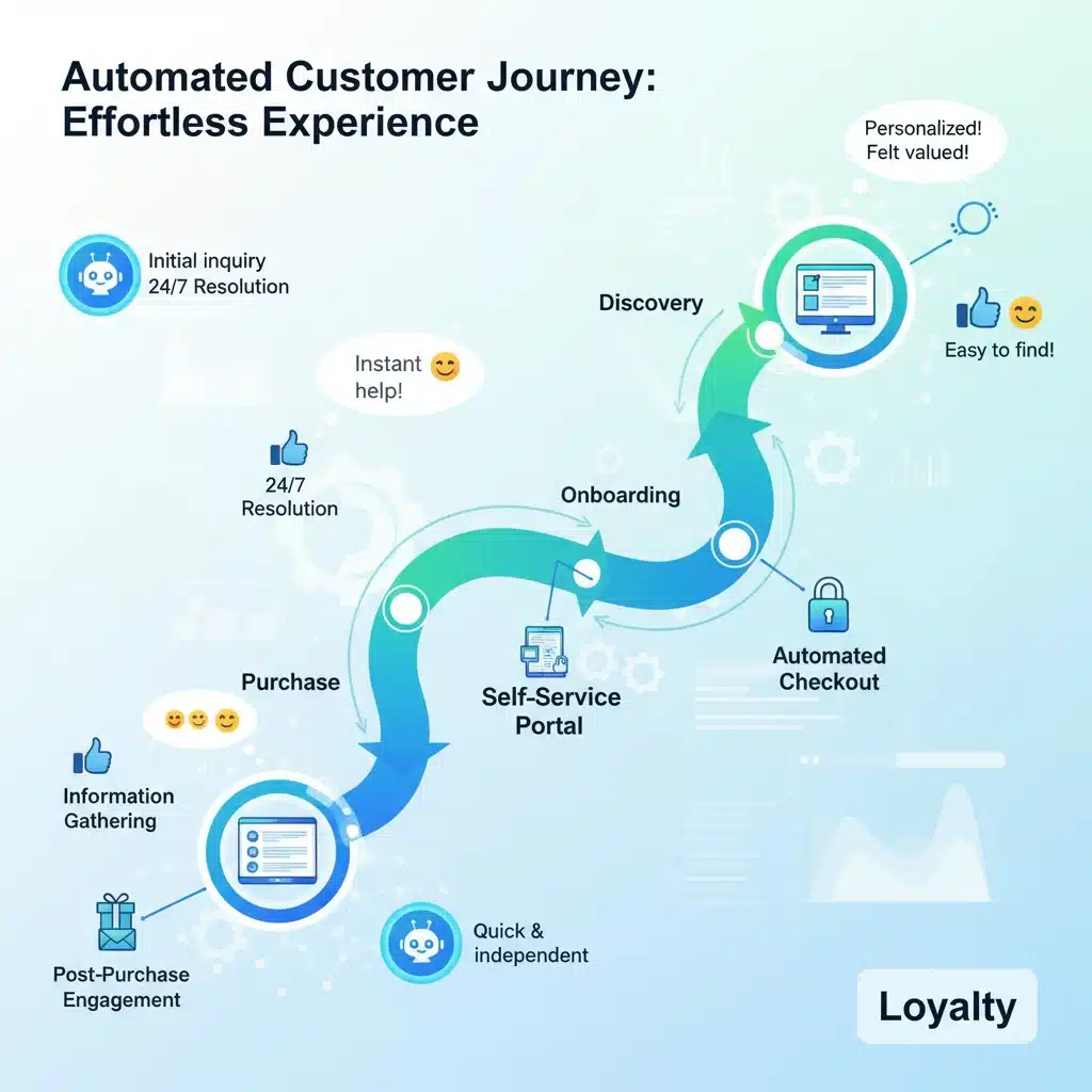 Customer journey map with integrated automation, virtual assistants, and self-service portals.